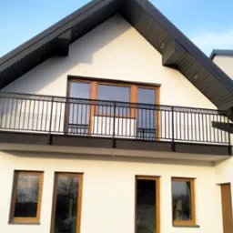 Czarna, metalowa balustrada balkonowa z motywem greckim na tle białej elewacji domu i błękitnego nieba. Widok z dołu, podkreślający detale wzoru.