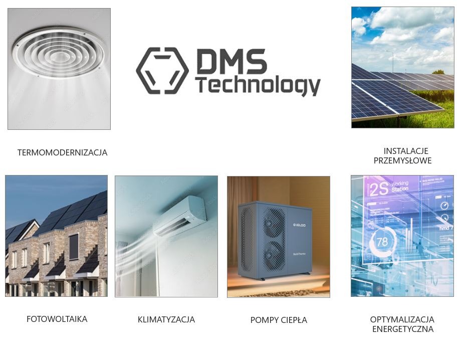 Kompozycja zdjęć prezentująca usługi: wentylacja sufitowa, logo DMS Technology, instalacja paneli słonecznych, dom z panelami fotowoltaicznymi, klimatyzator ścienny, pompa ciepła Igloo MultiTherma...