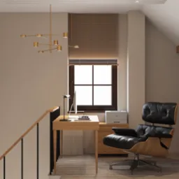 Wizualizacja biura w domu na poddaszu, z drewnianym biurkiem, czarnym skórzanym fotelem Eames, oknem z żaluzjami i regałem na książki, oświetlonym nowoczesną lampą wiszącą.
