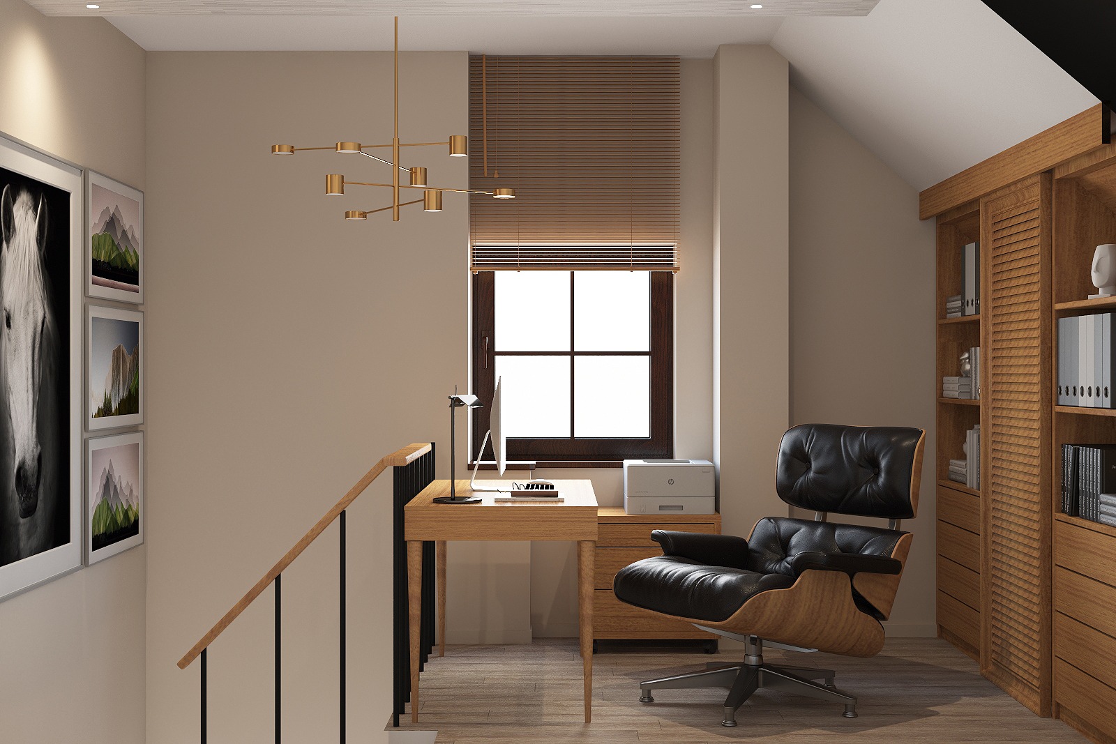Wizualizacja biura w domu na poddaszu, z drewnianym biurkiem, czarnym skórzanym fotelem Eames, oknem z żaluzjami i regałem na książki, oświetlonym nowoczesną lampą wiszącą.