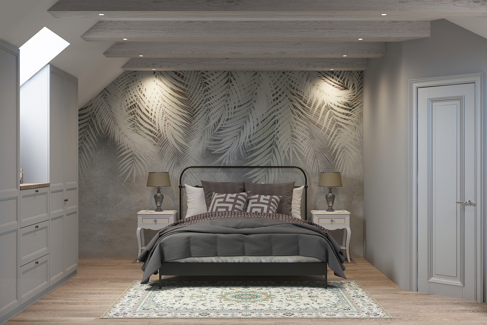 Sypialnia na poddaszu z łóżkiem na tle ściany z motywem liści palmowych, szafkami nocnymi z lampkami, drewnianymi belkami na suficie i zabudowaną szafą w kolorze szarym.