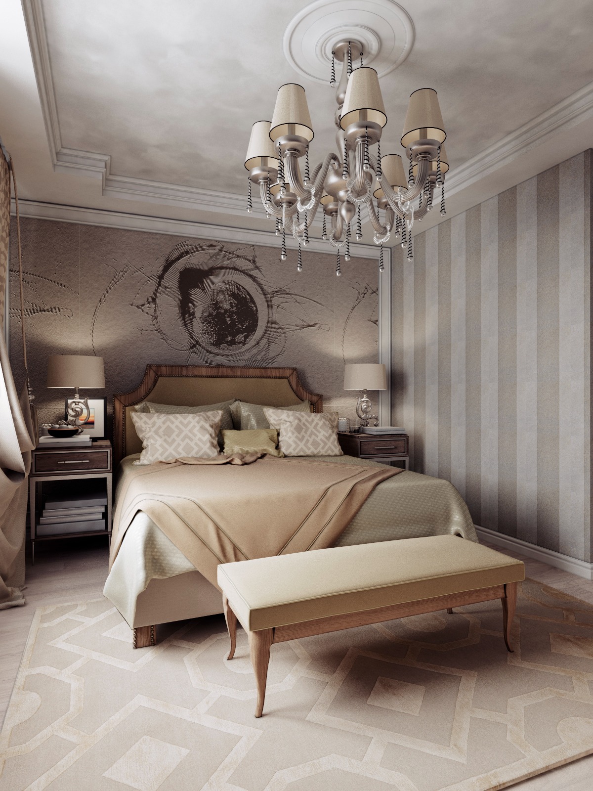Sypialnia w odcieniach beżu i szarości z łóżkiem, szafkami nocnymi, lampkami, kryształowym żyrandolem i tapetą z motywem oka na ścianie za wezgłowiem.