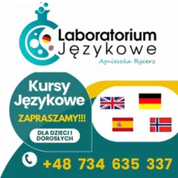 Grafika reklamowa szkoły językowej Laboratorium Językowe z logo w kształcie kolby laboratoryjnej, hasłem 'Kursy Językowe ZAPRASZAMY!!! DLA DZIECI I DOROSŁYCH', flagami Wielkiej Brytanii, Niemiec...