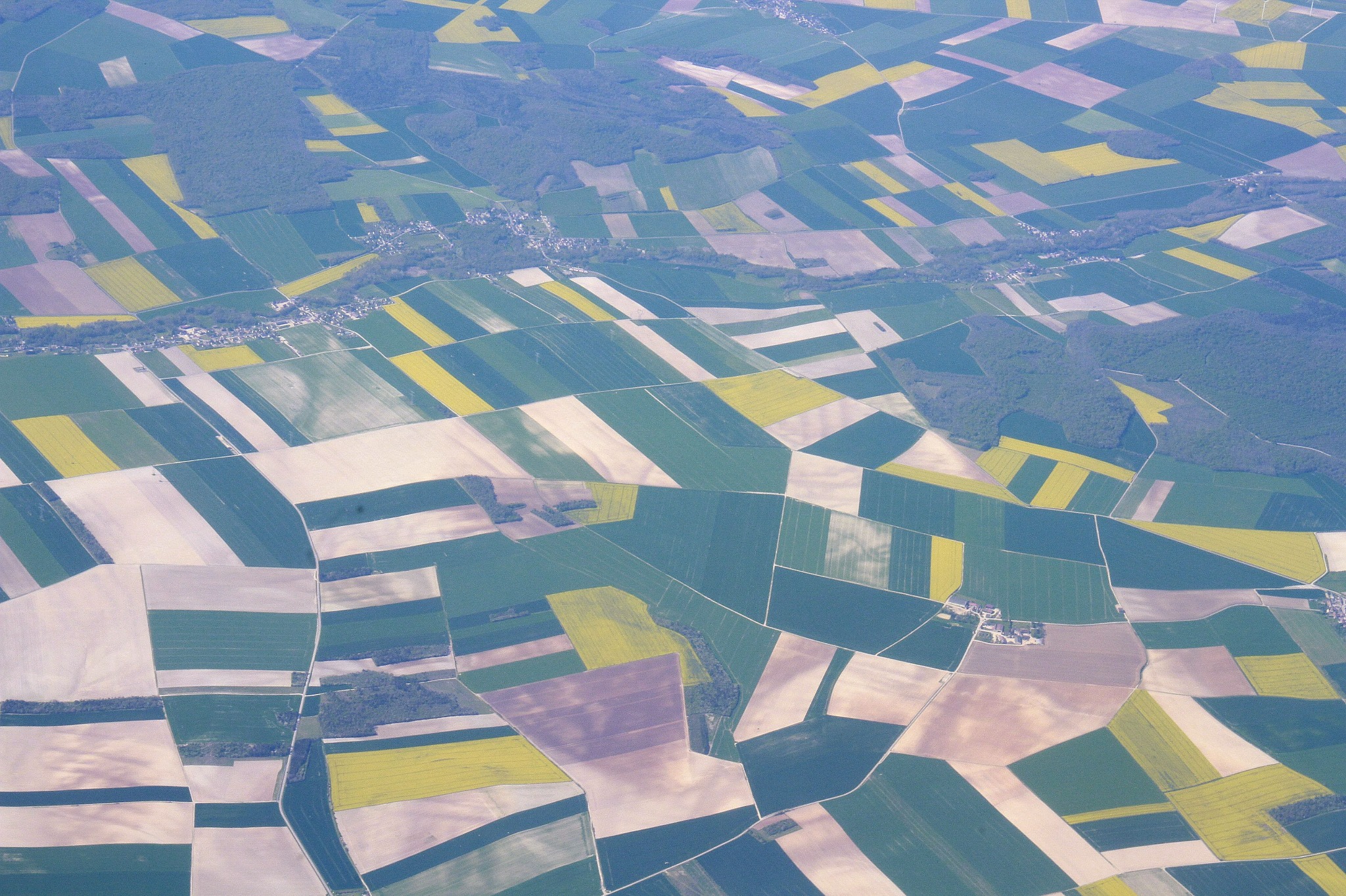 Widok z lotu ptaka na mozaikę pól uprawnych o różnych kolorach i kształtach, poprzecinanych drogami i kanałami, z lasem w tle i małą wioską wzdłuż rzeki.
