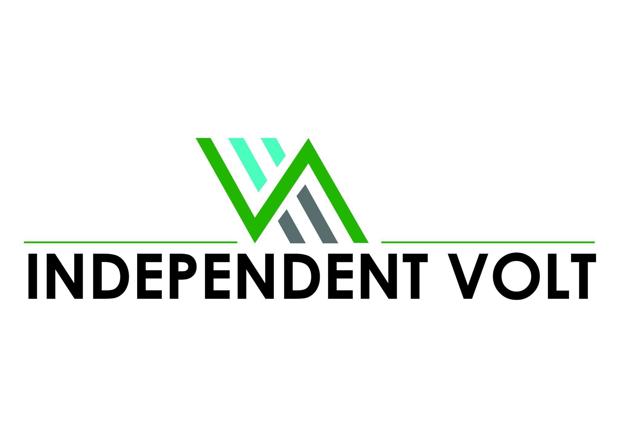 Logo firmy Independent Volt z abstrakcyjnym symbolem w odcieniach zieleni i szarości nad nazwą.