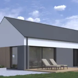 Wizualizacja parterowego domu z szarą dachówką, drewnianą elewacją i tarasem z leżakami. W tle drzewa i błękitne niebo z chmurami. Minimalistyczny design.