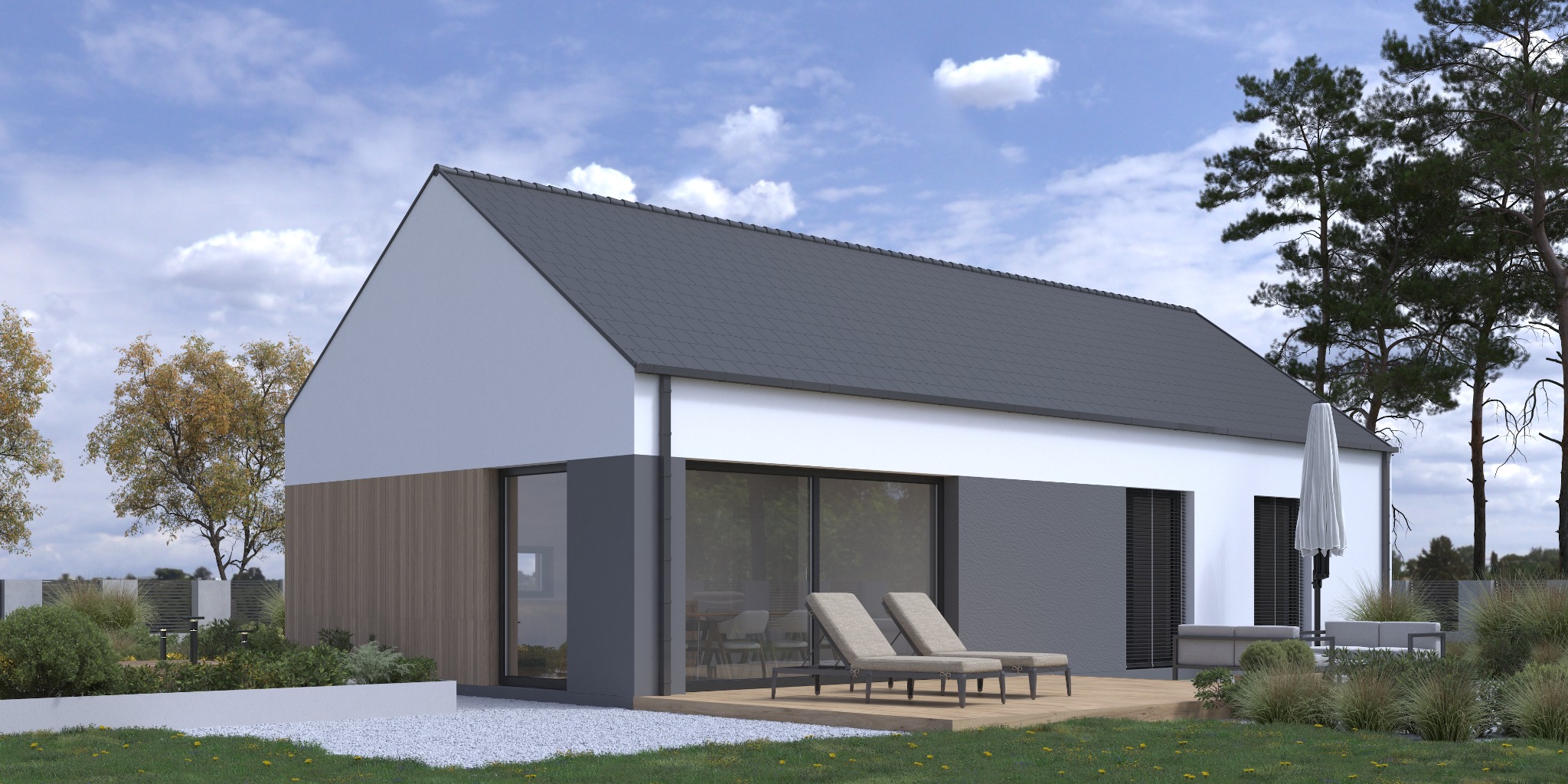 Wizualizacja parterowego domu z szarą dachówką, drewnianą elewacją i tarasem z leżakami. W tle drzewa i błękitne niebo z chmurami. Minimalistyczny design.