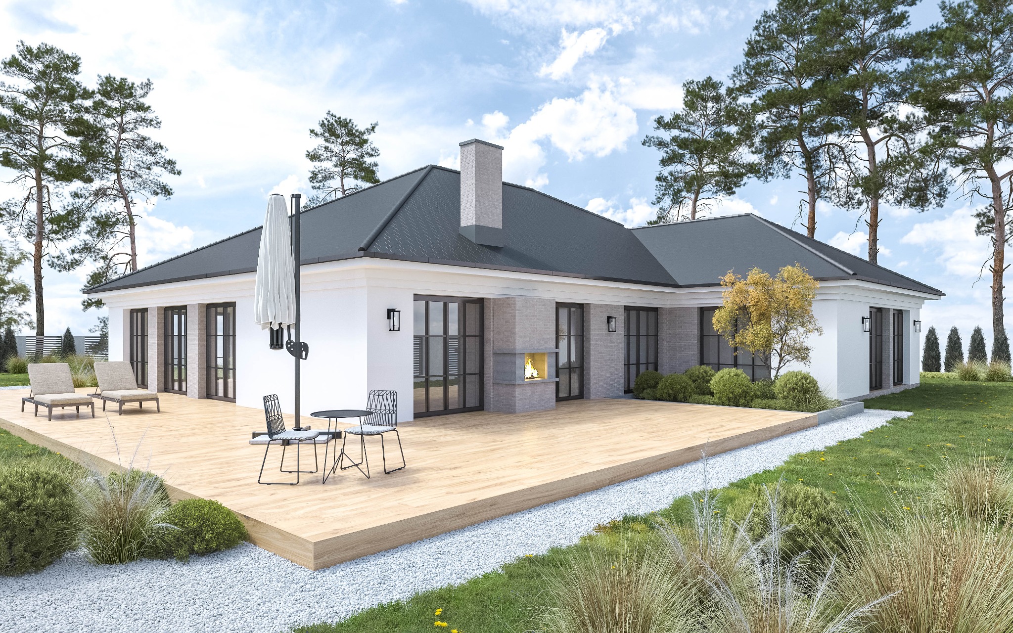 Parterowy dom z tarasem i kominkiem zewnętrznym. Biała elewacja, szara dachówka, drewniany taras z meblami ogrodowymi. Widok na ogród z elementami dekoracyjnymi.