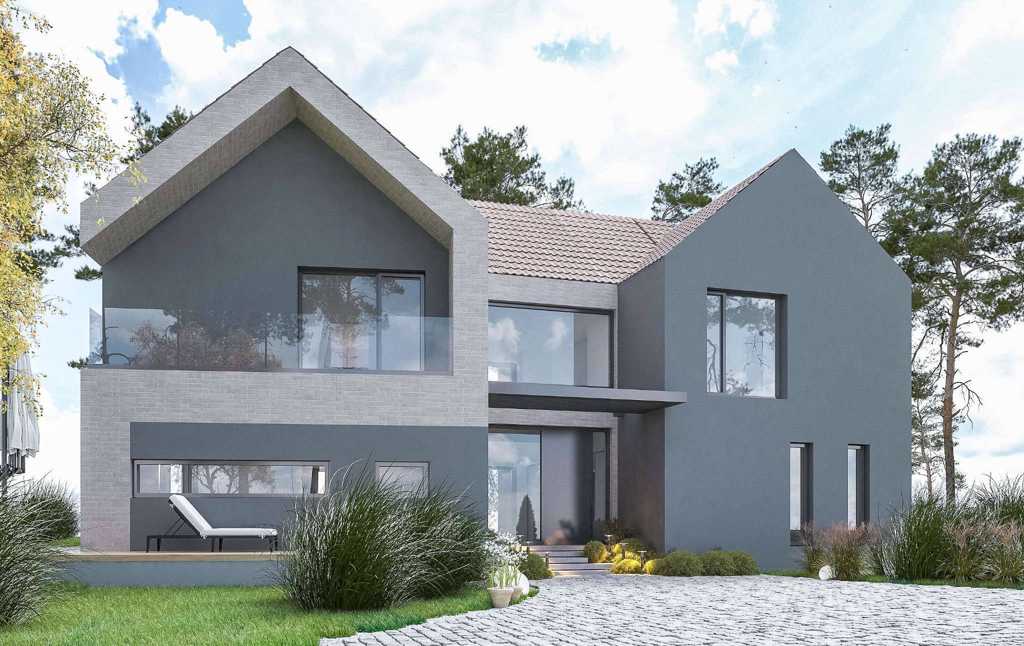 Wizualizacja nowoczesnego, dwukondygnacyjnego domu z płaskim dachem, szarą elewacją, dużymi oknami i balkonem. Uwagę zwraca kamienny podjazd i bujna roślinność wokół.