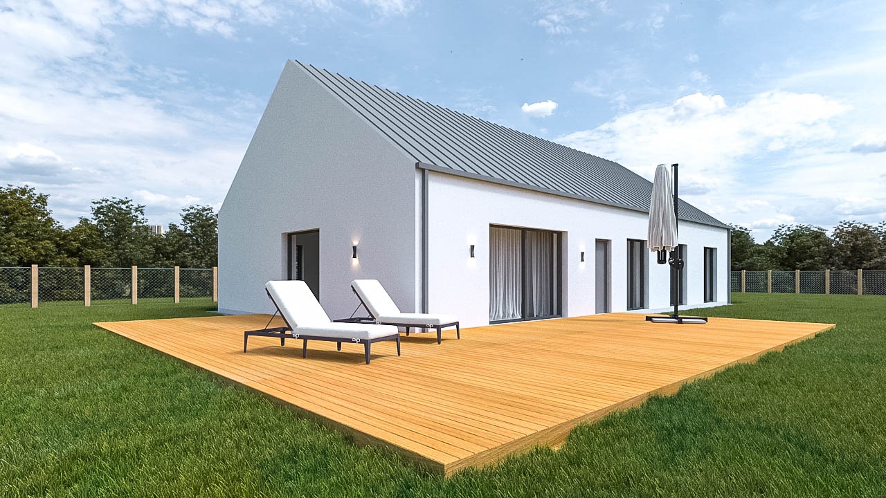Wizualizacja nowoczesnego domu z szarym dachem na tle błękitnego nieba. Na pierwszym planie drewniany taras z białymi leżakami i zielony trawnik.