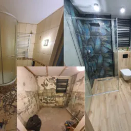 Kolaż przedstawiający łazienkę przed, w trakcie i po remoncie. Widoczne etapy: stara, zdemontowana kabina prysznicowa i płytki, surowe ściany z instalacją oraz nowoczesna łazienka z kabiną typu...