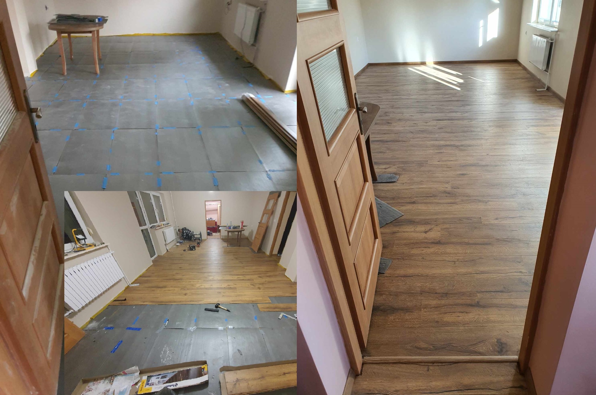 Układanie paneli podłogowych: widok pomieszczenia z częściowo ułożoną podłogą na podkładzie z niebieską taśmą, oraz widok gotowej podłogi z drewnopodobnych paneli w słonecznym wnętrzu, widzianej...