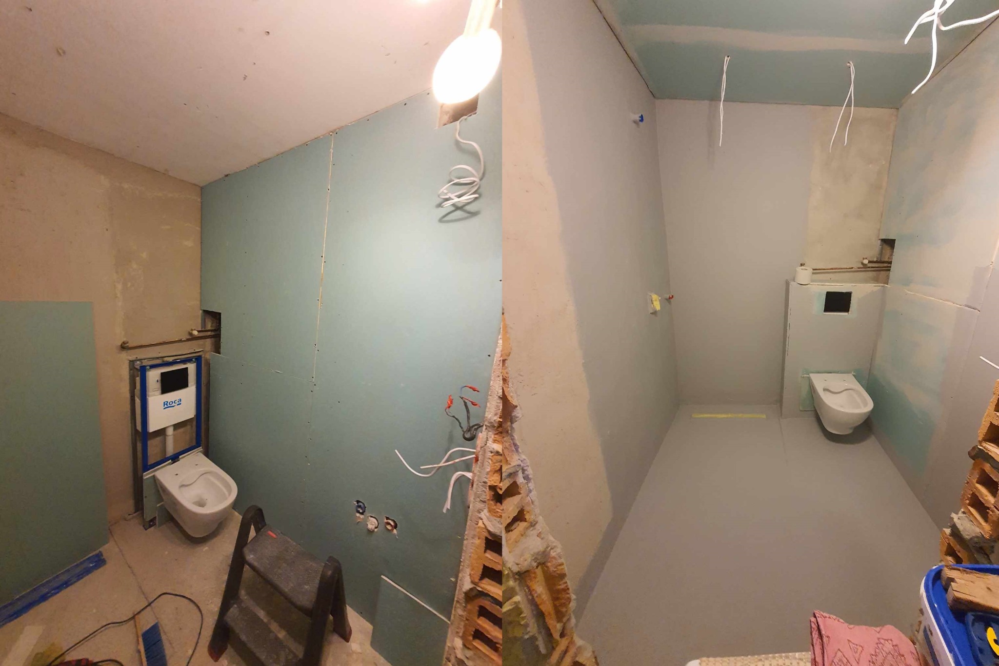 Dwa ujęcia łazienki w trakcie remontu: po lewej ściana z płyt kartonowo-gipsowych, zamontowany stelaż podtynkowy z toaletą Roca i drabina; po prawej surowa ściana, podłoga wylewka, wiszące przewody...