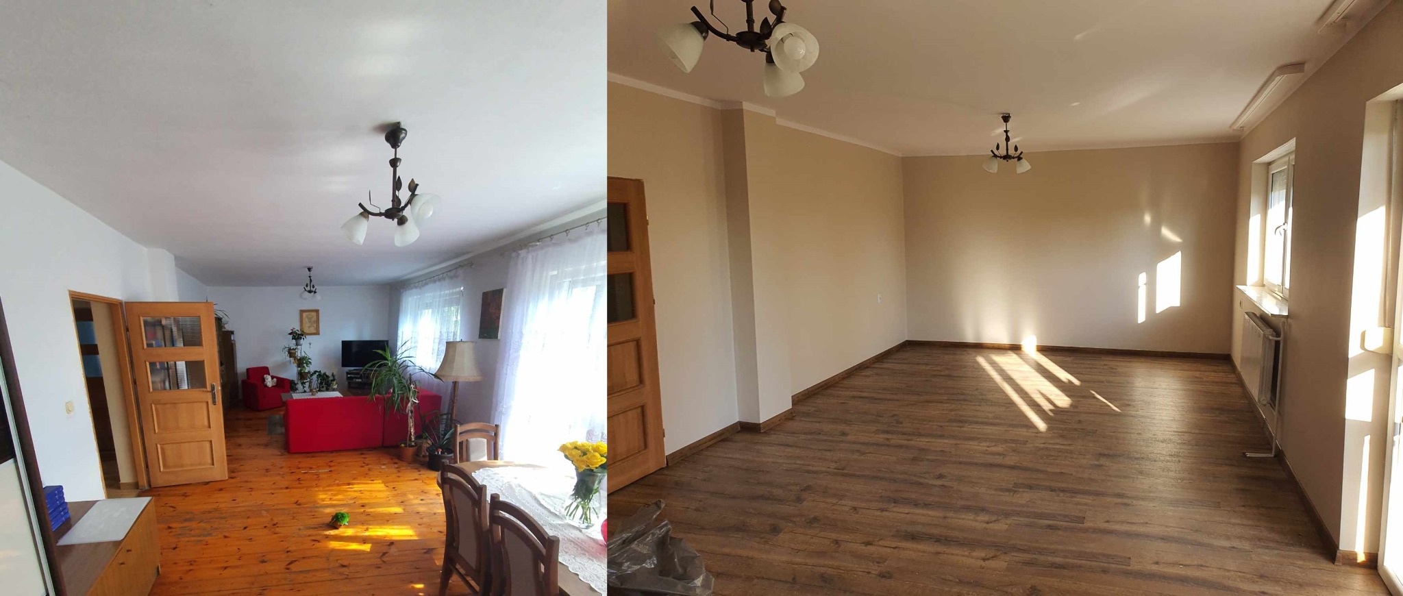 Porównanie salonu przed i po remoncie: po lewej stronie widoczny stary, drewniany parkiet, czerwona sofa i liczne bibeloty, po prawej - odnowione wnętrze z panelami podłogowymi w odcieniach brązu...