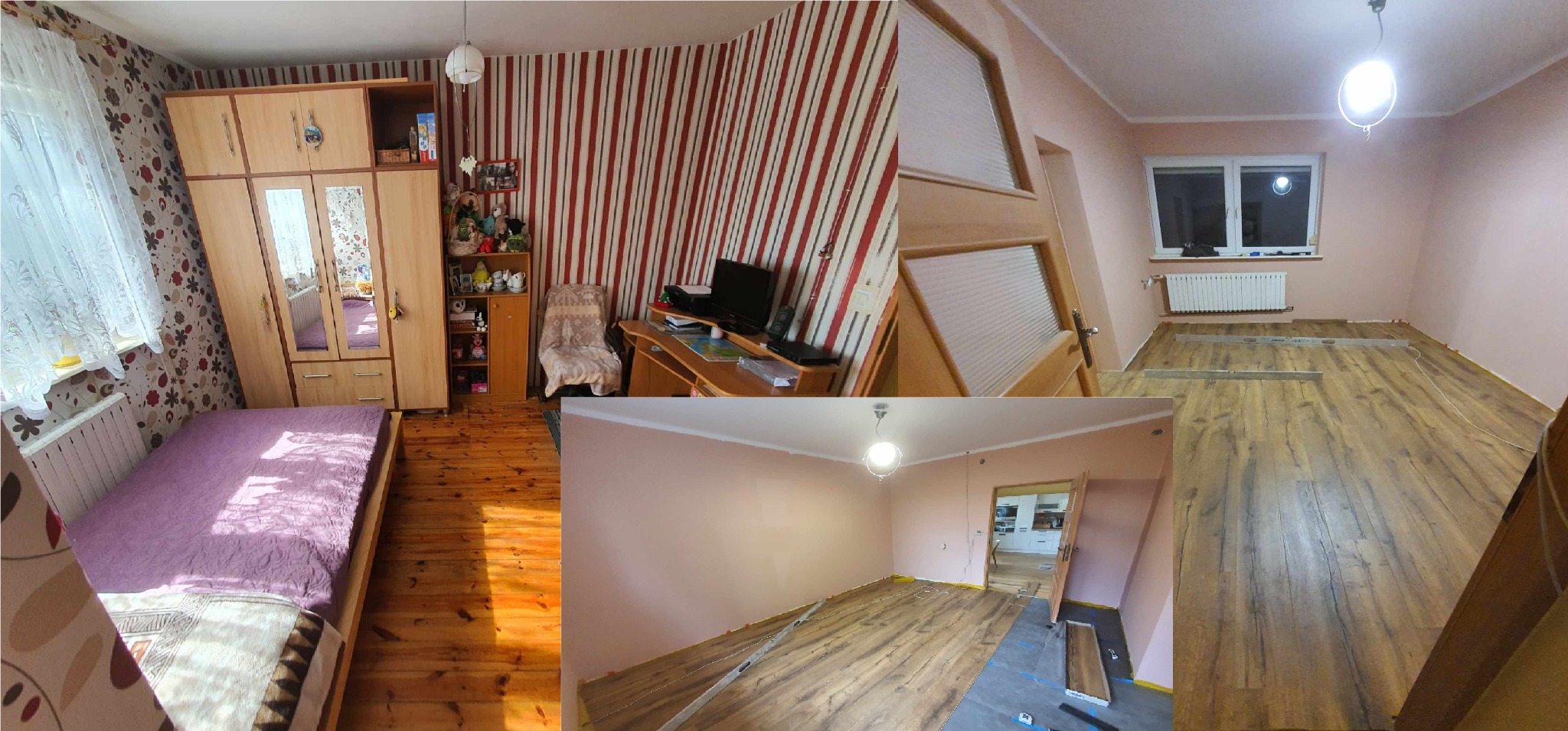 Kolaż przedstawiający remontowane pokoje: sypialnię z drewnianą podłogą i wzorzystą tapetą, pokój z czerwono-białą tapetą w paski oraz pokój z różowymi ścianami i częściowo ułożoną podłogą...