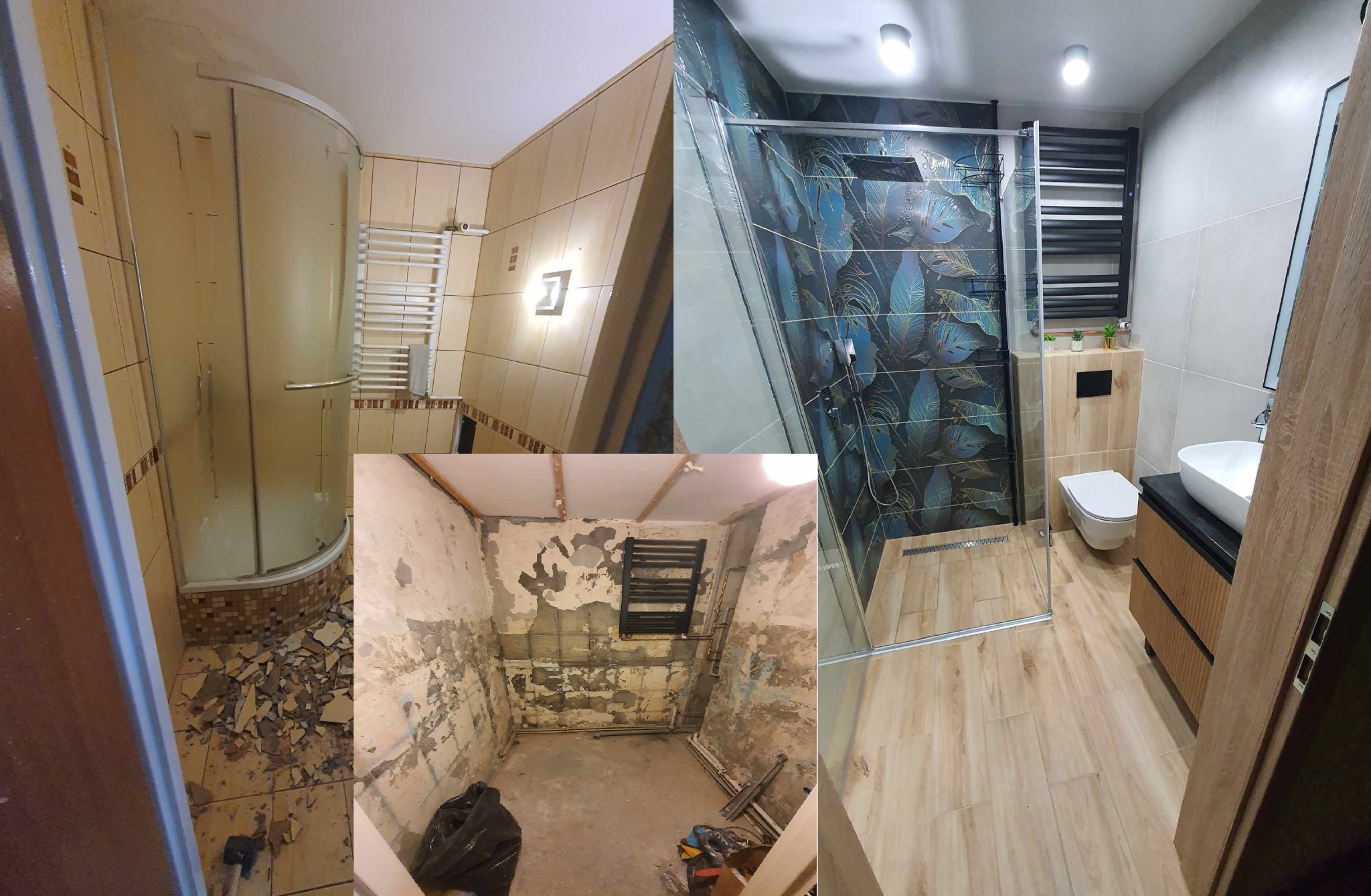 Kolaż przedstawiający łazienkę przed, w trakcie i po remoncie. Widoczne etapy: stara, zdemontowana kabina prysznicowa i płytki, surowe ściany z instalacją oraz nowoczesna łazienka z kabiną typu...