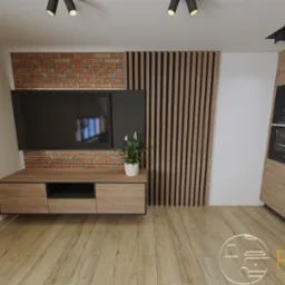 Wizualizacja salonu z ceglaną ścianą, telewizorem, szafką RTV, drewnianymi lamelami dekoracyjnymi i zabudową kuchenną z piekarnikiem w kolorze drewna.