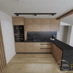 Wizualizacja nowoczesnej kuchni w skosach z drewnianymi frontami, czarnym blatem imitującym marmur i oświetleniem punktowym, uzupełniona o drewniane lamele na ścianie i ceglaną ścianę w tle.