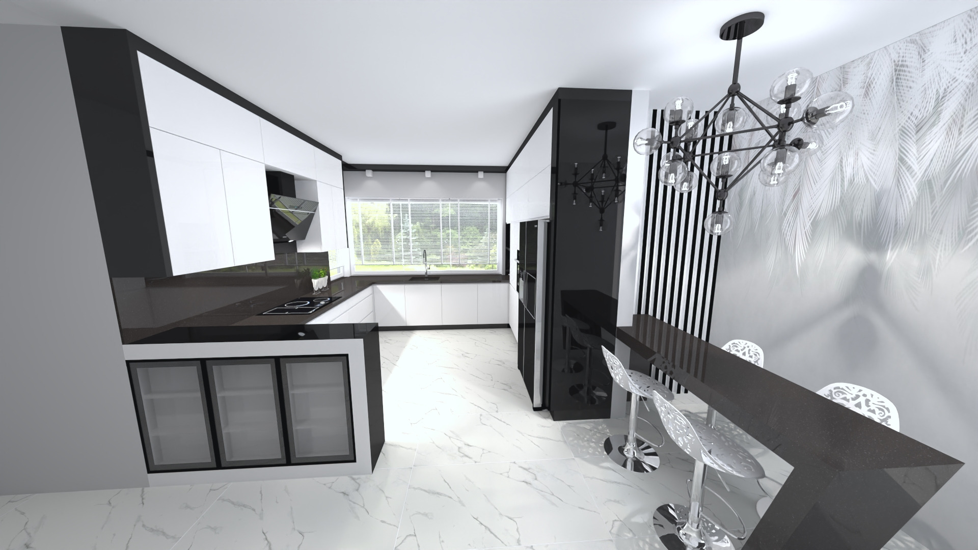 Wizualizacja nowoczesnej kuchni z białymi szafkami, czarnymi blatami i marmurową podłogą. Widoczny wysoki stół barowy z ażurowymi krzesłami oraz dekoracyjna lampa wisząca z żarówkami w kształcie...