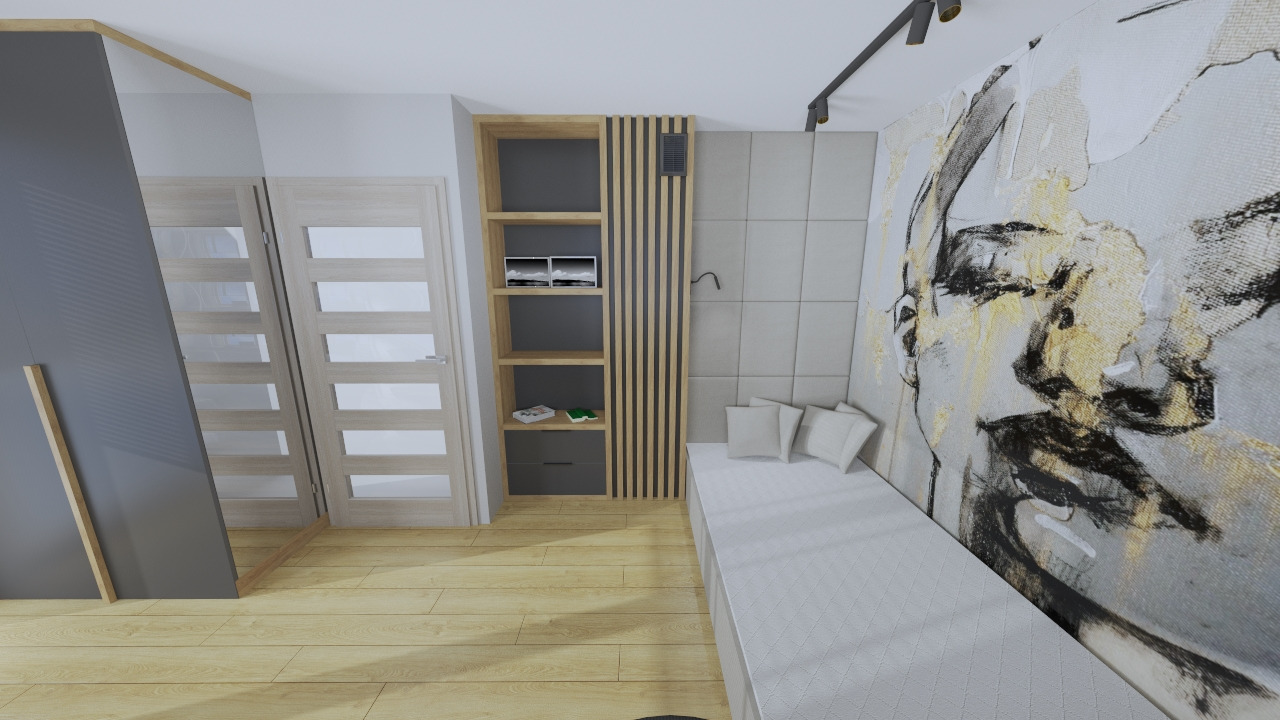 Wizualizacja pokoju z drewnianą podłogą, zabudową regałową z elementami dekoracyjnymi z lameli, panelem tapicerowanym, wbudowaną ławką z poduszkami i dużym obrazem w stylu abstrakcyjnym.