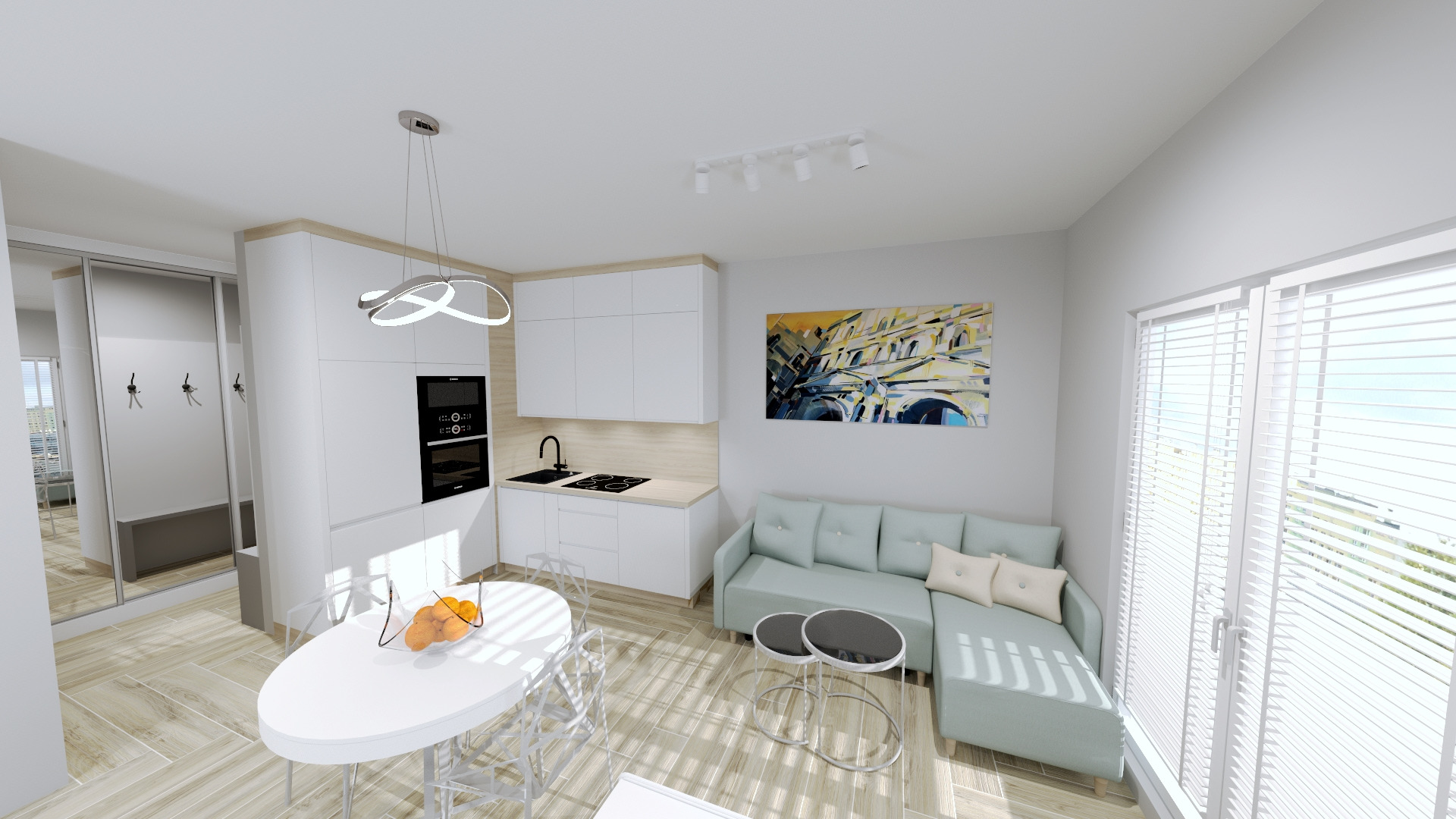Wizualizacja nowoczesnego wnętrza mieszkania z aneksem kuchennym, białymi meblami, okrągłym stołem z owocami i turkusową sofą pod obrazem.