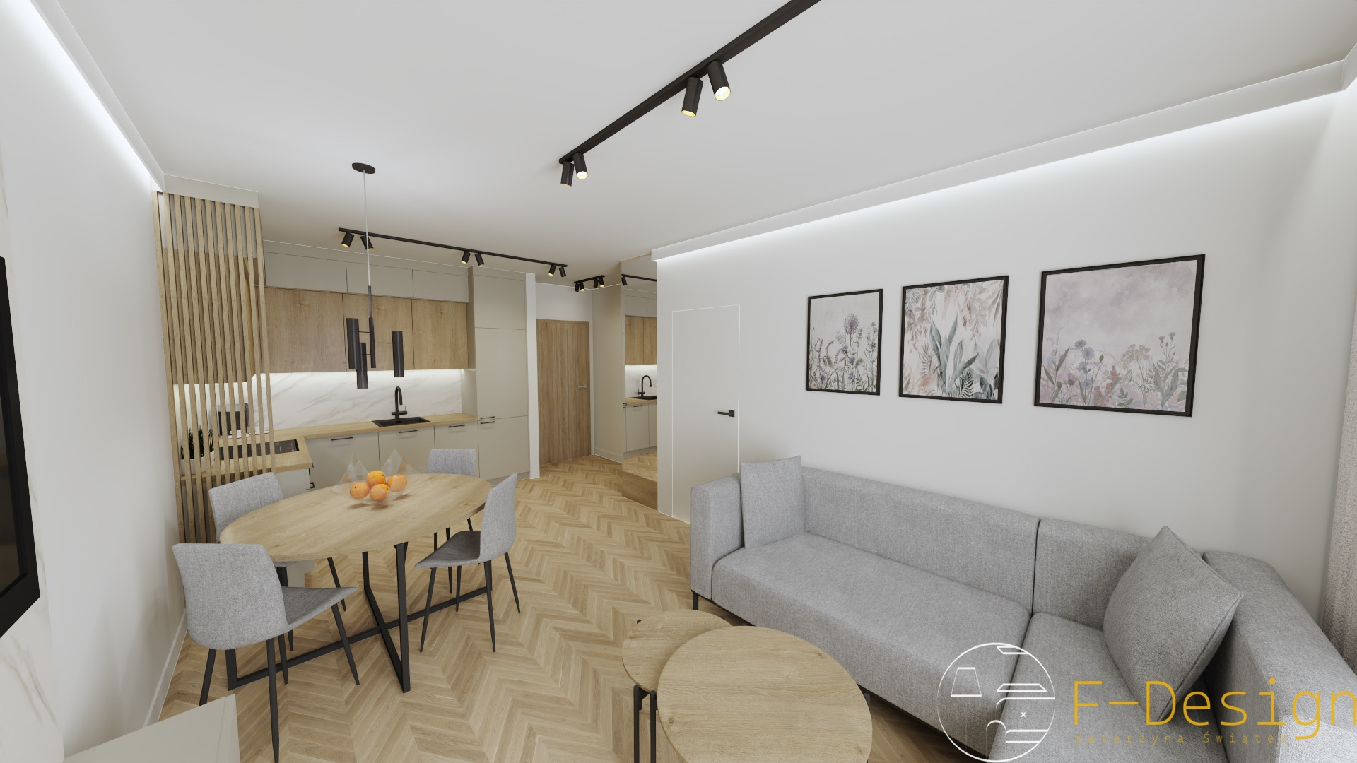 Wizualizacja wnętrza mieszkania: salon z aneksem kuchennym, drewniana podłoga w jodełkę, szara sofa, okrągły stół z owocami, minimalistyczne oświetlenie szynowe.