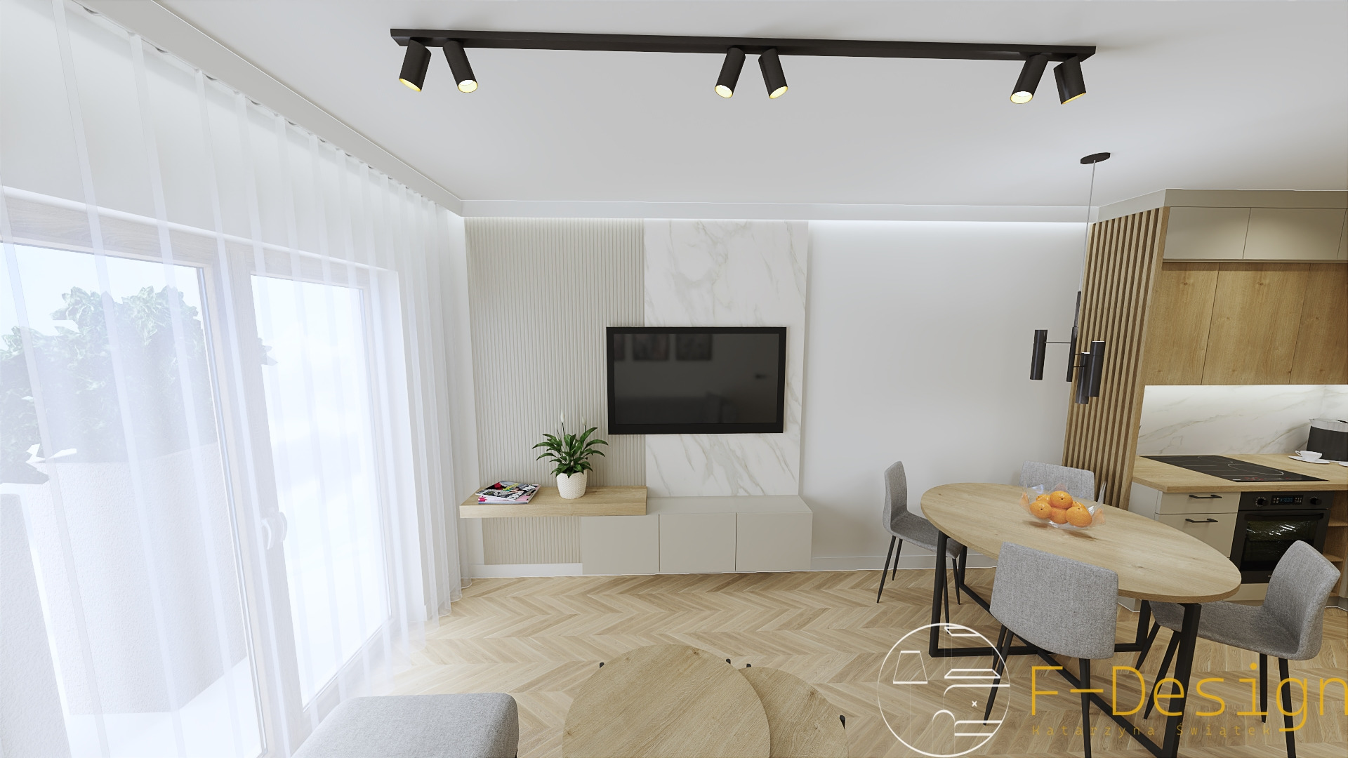 Wizualizacja salonu z aneksem kuchennym w jasnych barwach, z parkietem w jodełkę, owalnym stołem jadalnym z owocami, telewizorem na ścianie z marmurowym akcentem i minimalistycznym oświetleniem...