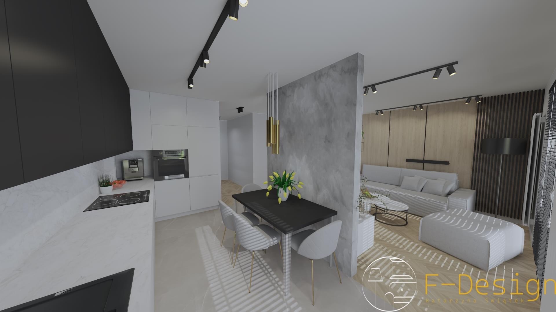 Wizualizacja nowoczesnego wnętrza z otwartą kuchnią, jadalnią z czarnym stołem i szarymi krzesłami oraz salonem z szarą sofą i drewnianą ścianą akcentową. Oświetlenie szynowe podkreśla...