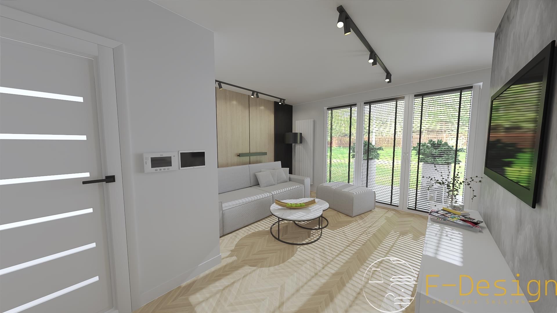 Wizualizacja salonu w jasnych barwach z parkietem w jodełkę, szarą sofą, okrągłym stolikiem kawowym i oknami z żaluzjami, oświetlenie szynowe na suficie.