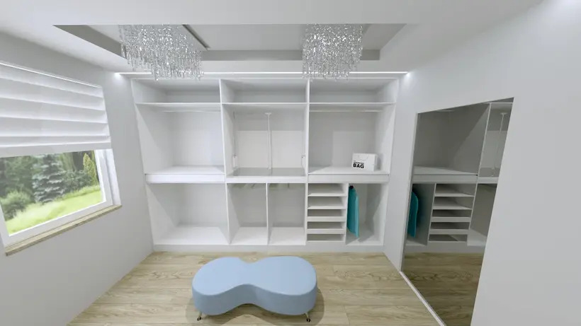 Wizualizacja garderoby z białymi szafami wnękowymi, dwoma kryształowymi żyrandolami, siedziskiem w kształcie nerki i widokiem z okna na zieleń.