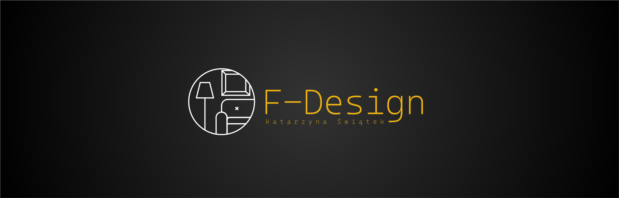 Logo firmy F-Design Katarzyna Świątek z ikoną salonu z lampą, kanapą i obrazem w okręgu na ciemnym tle.
