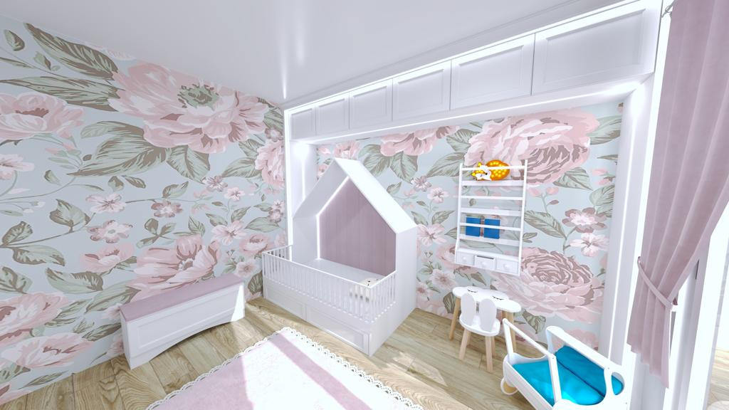 Pokój dziecięcy z łóżeczkiem w kształcie domku, białymi meblami i tapetą w duże, różowe kwiaty, uzupełniony o biały regał na zabawki i krzesełka w kształcie chmurek.
