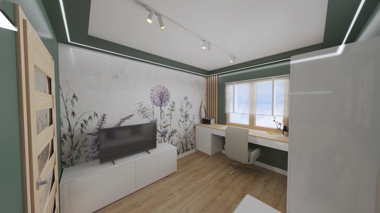 Wizualizacja pokoju z biurkiem, krzesłem i telewizorem na tle ściany z motywem kwiatowym, oświetlonego reflektorami sufitowymi i listwami LED.