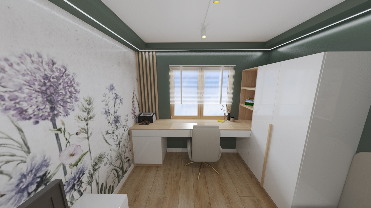 Wizualizacja pokoju z biurkiem pod oknem, krzesłem na złotych nóżkach i ścianą z motywem kwiatowym w odcieniach fioletu, z zabudowaną szafą po prawej stronie.