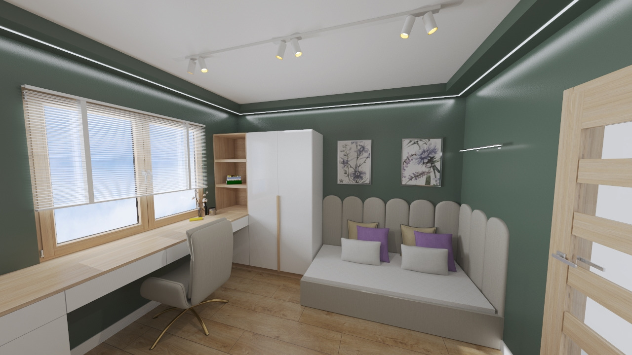 Wizualizacja pokoju z biurkiem przy oknie z żaluzjami, łóżkiem z wezgłowiem w kształcie muszelek, białą szafą i oświetleniem punktowym na suficie w kolorze oliwkowym.