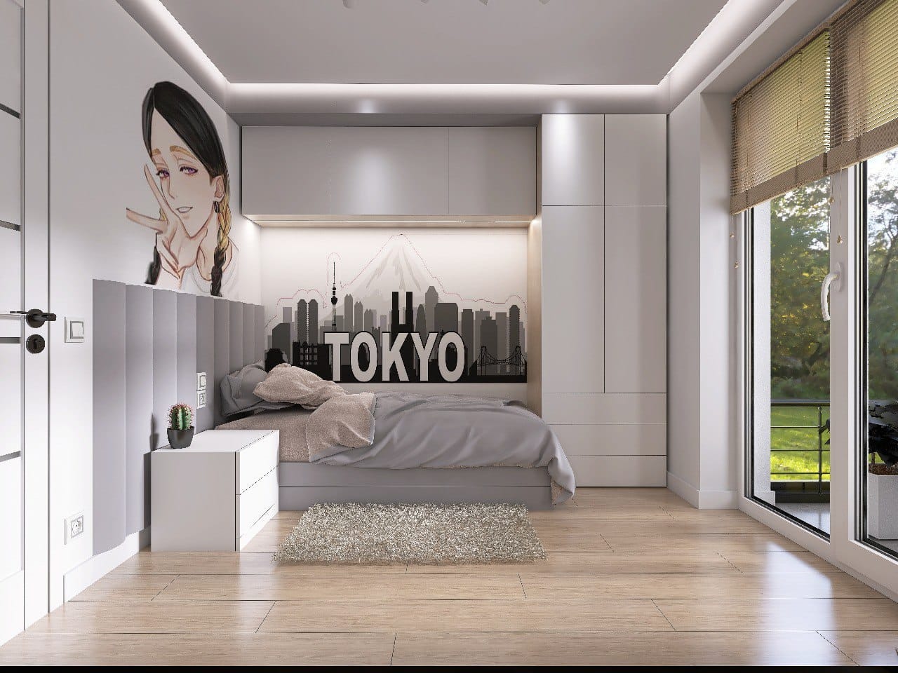 Nowoczesna sypialnia w bieli i szarości z muralem Tokio, z anime postacią na ścianie, drewnianą podłogą i dużym oknem z roletami.