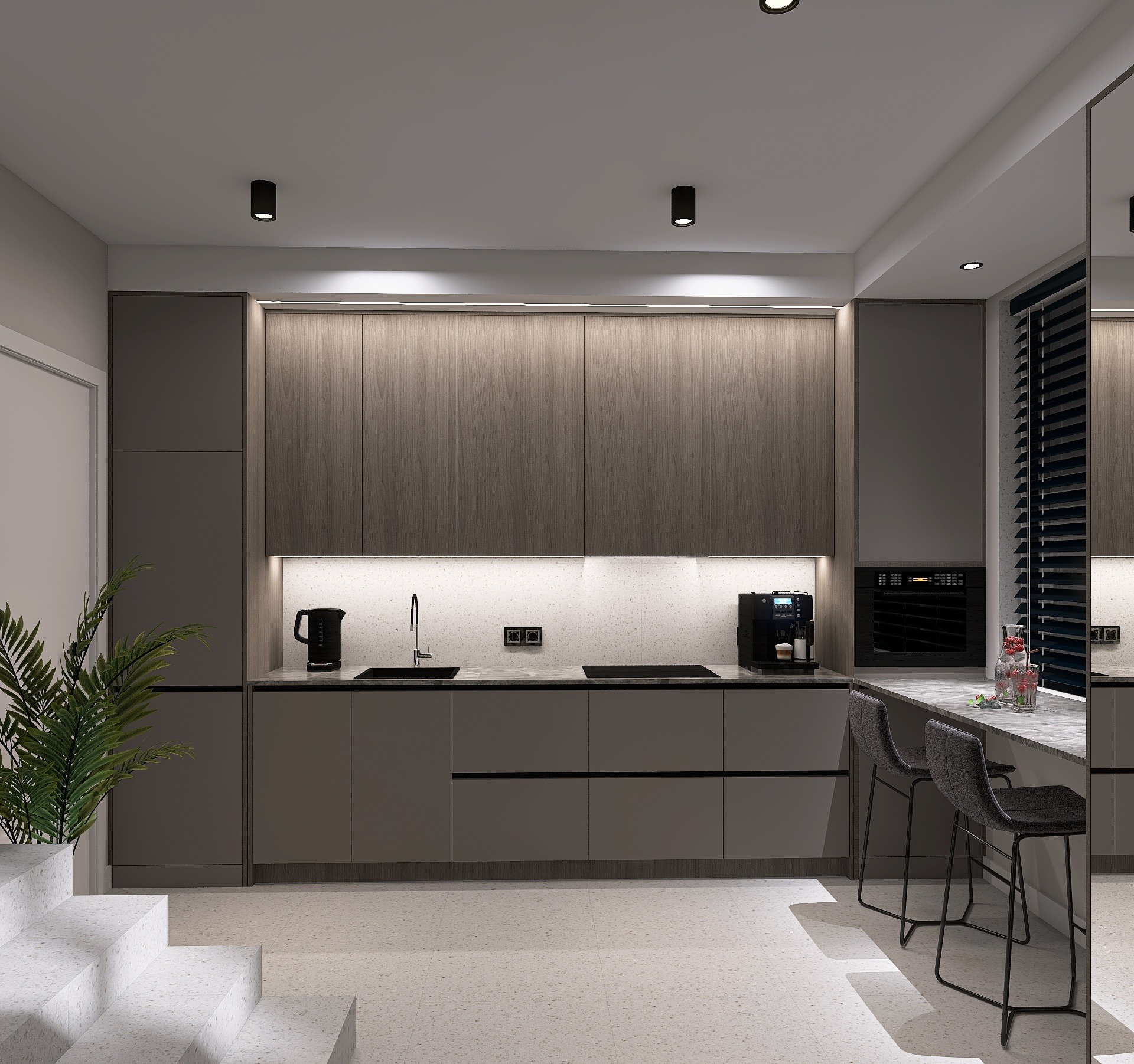 Nowoczesna kuchnia w odcieniach szarości z drewnianymi frontami szafek, oświetleniem LED pod szafkami wiszącymi i wyspą z hokerami na tle minimalistycznego wnętrza.