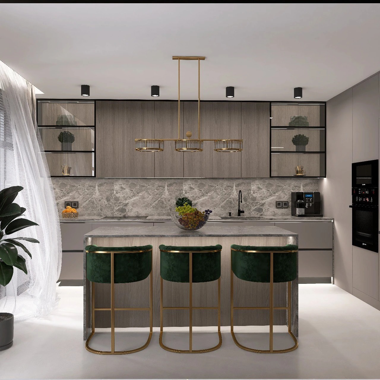 Wizualizacja nowoczesnej kuchni z wyspą, zielonymi hokerami z złotymi nogami, marmurowym backsplashiem i wiszącą lampą ze złotymi elementami.