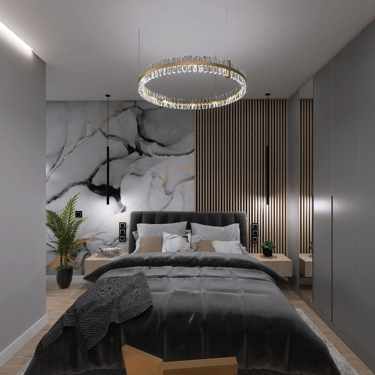 Nowoczesna sypialnia z marmurową tapetą, okrągłym kryształowym żyrandolem i drewnianymi lamelami na ścianie za łóżkiem.