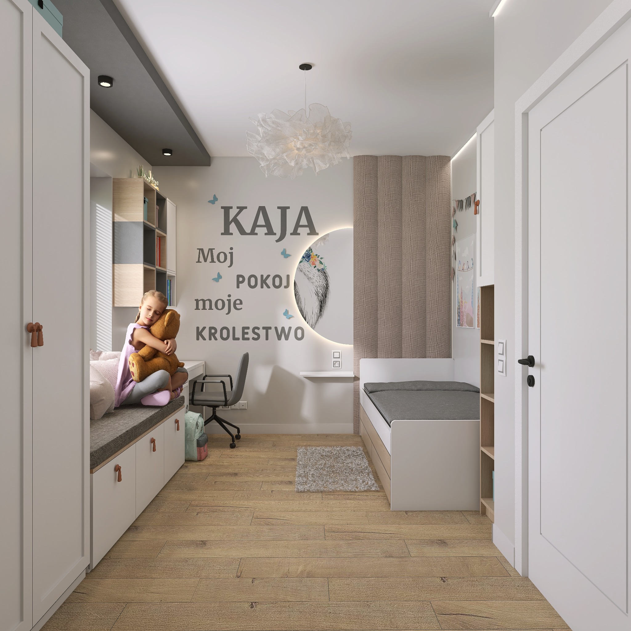 Pokój dziewczynki z łóżkiem, biurkiem, szafą i miejscem do siedzenia przy oknie, ozdobiony naklejkami na ścianie i lampą w kształcie chmury.