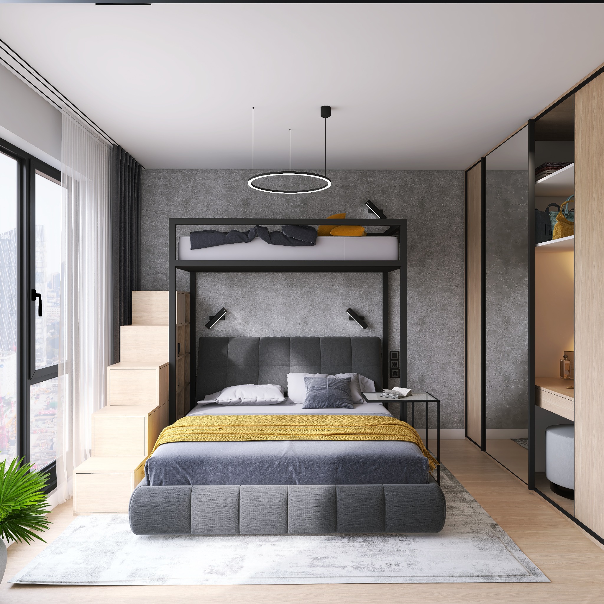Wizualizacja sypialni z łóżkiem piętrowym dla dorosłych, betonową ścianą, schodami z szufladami, lampą pierścieniową i szafą z lustrzanymi drzwiami przesuwnymi.
