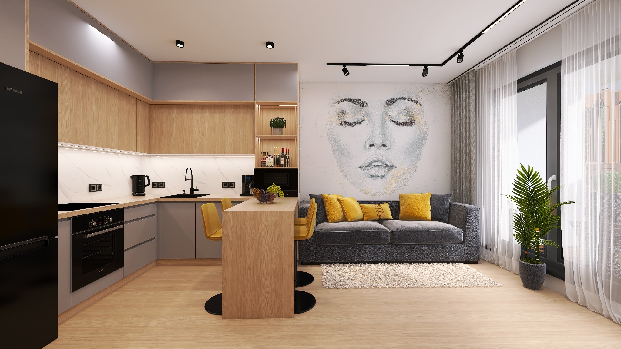 Wnętrze mieszkania: kuchnia z drewnianymi szafkami i szarymi frontami, wyspa z żółtymi krzesłami barowymi, szara sofa z żółtymi poduszkami i abstrakcyjnym portretem na ścianie.