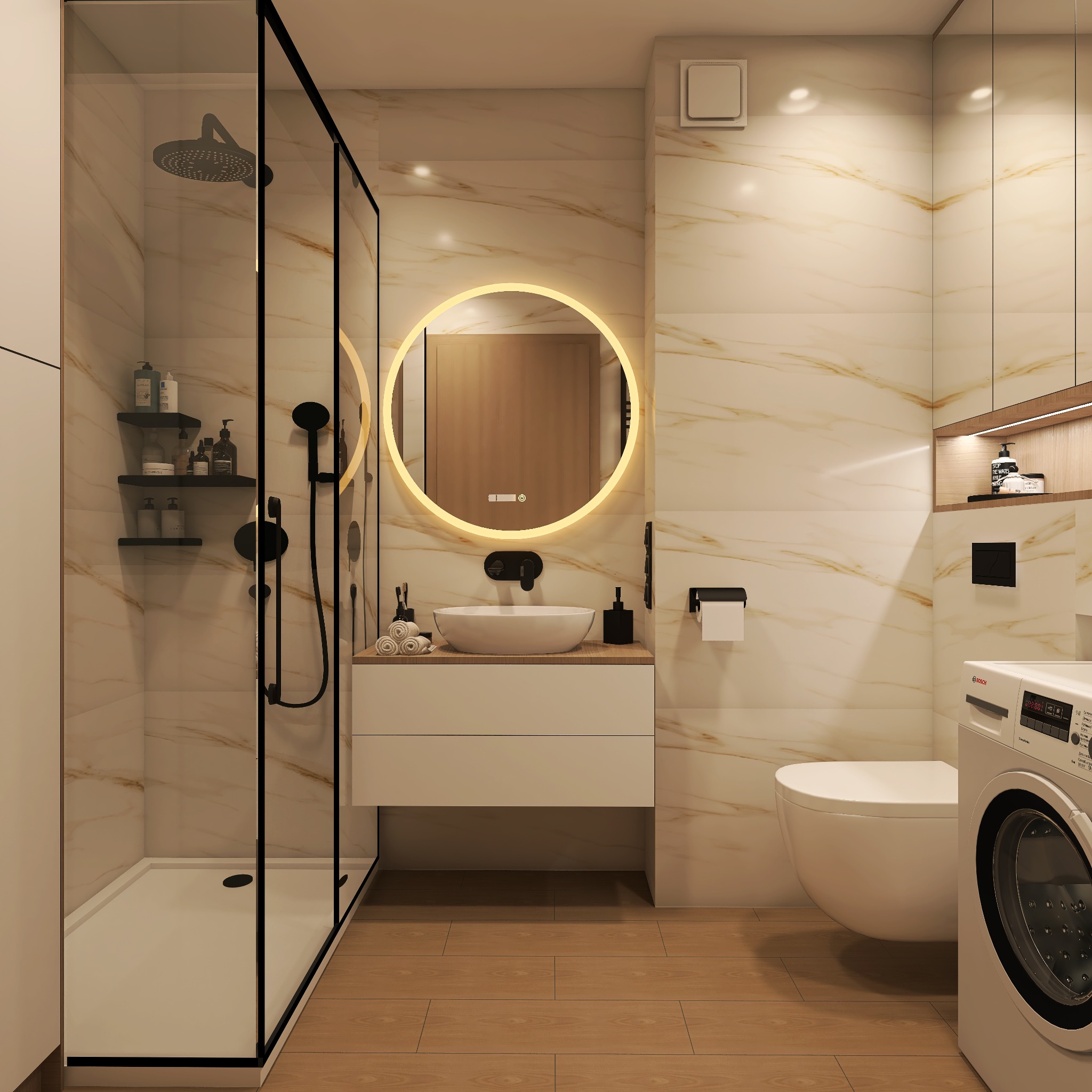 Nowoczesna łazienka z kabiną prysznicową typu walk-in z czarnymi ramami, okrągłym lustrem z podświetleniem LED, umywalką nablatową, toaletą podwieszaną i pralką Bosch.