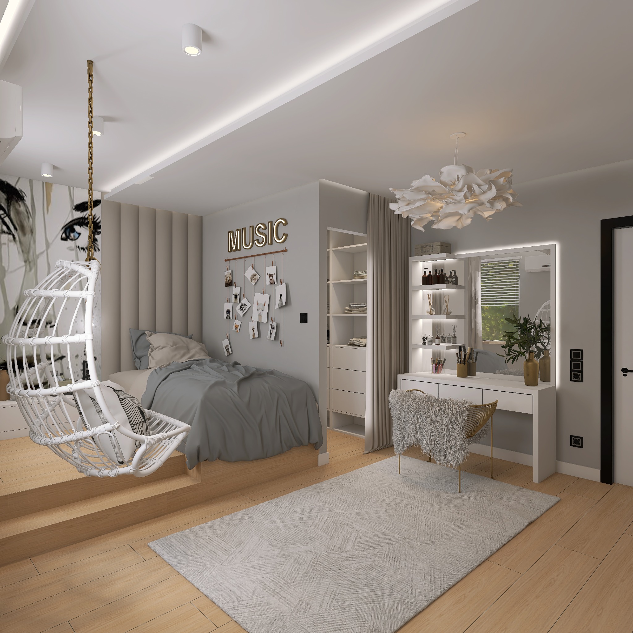 Wizualizacja pokoju młodzieżowego z łóżkiem, wiszącym fotelem, toaletką z lustrem i garderobą, oświetlonego lampą sufitową w kształcie kwiatu.