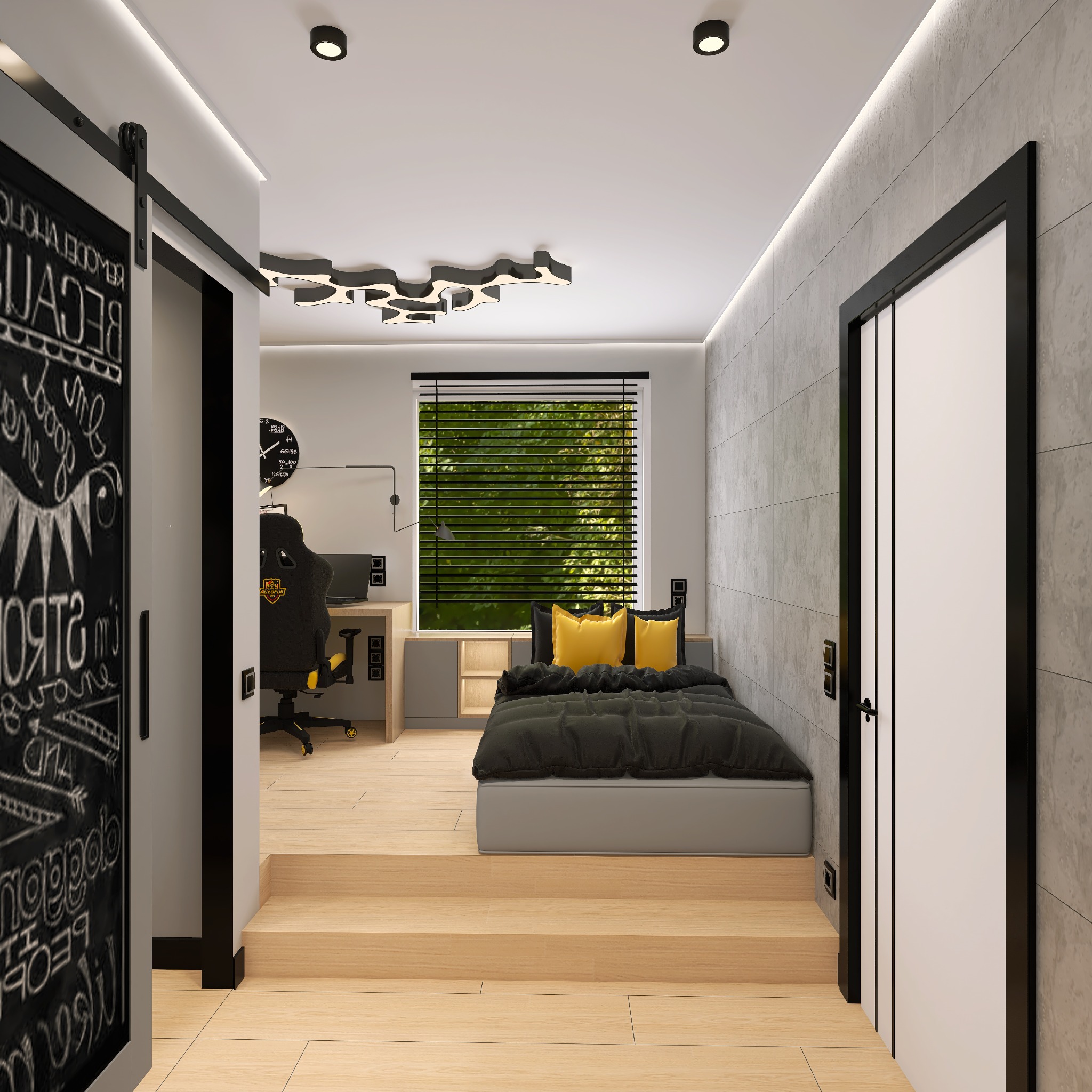 Nowoczesny pokój z podwyższoną strefą sypialną, biurkiem gamingowym, tablicą kredową na przesuwnych drzwiach i designerskim oświetleniem sufitowym.