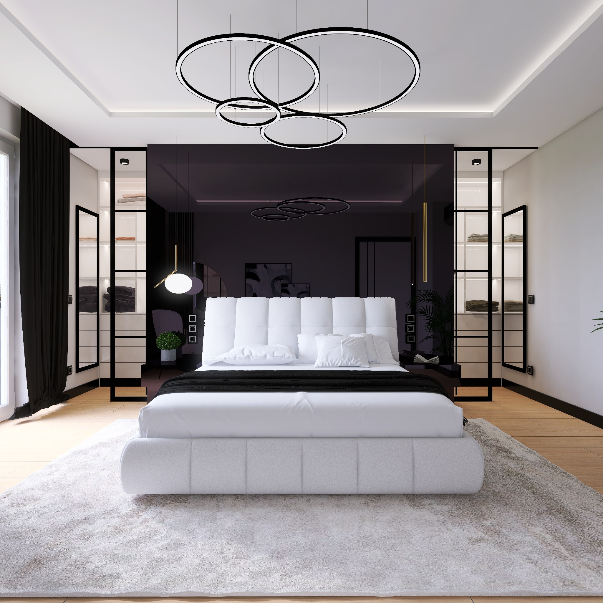 Nowoczesna sypialnia w Białymstoku z dużym łóżkiem z pikowanym zagłówkiem, okrągłymi lampami sufitowymi i szafami z podświetlanymi półkami po bokach, utrzymana w czarno-białej kolorystyce.