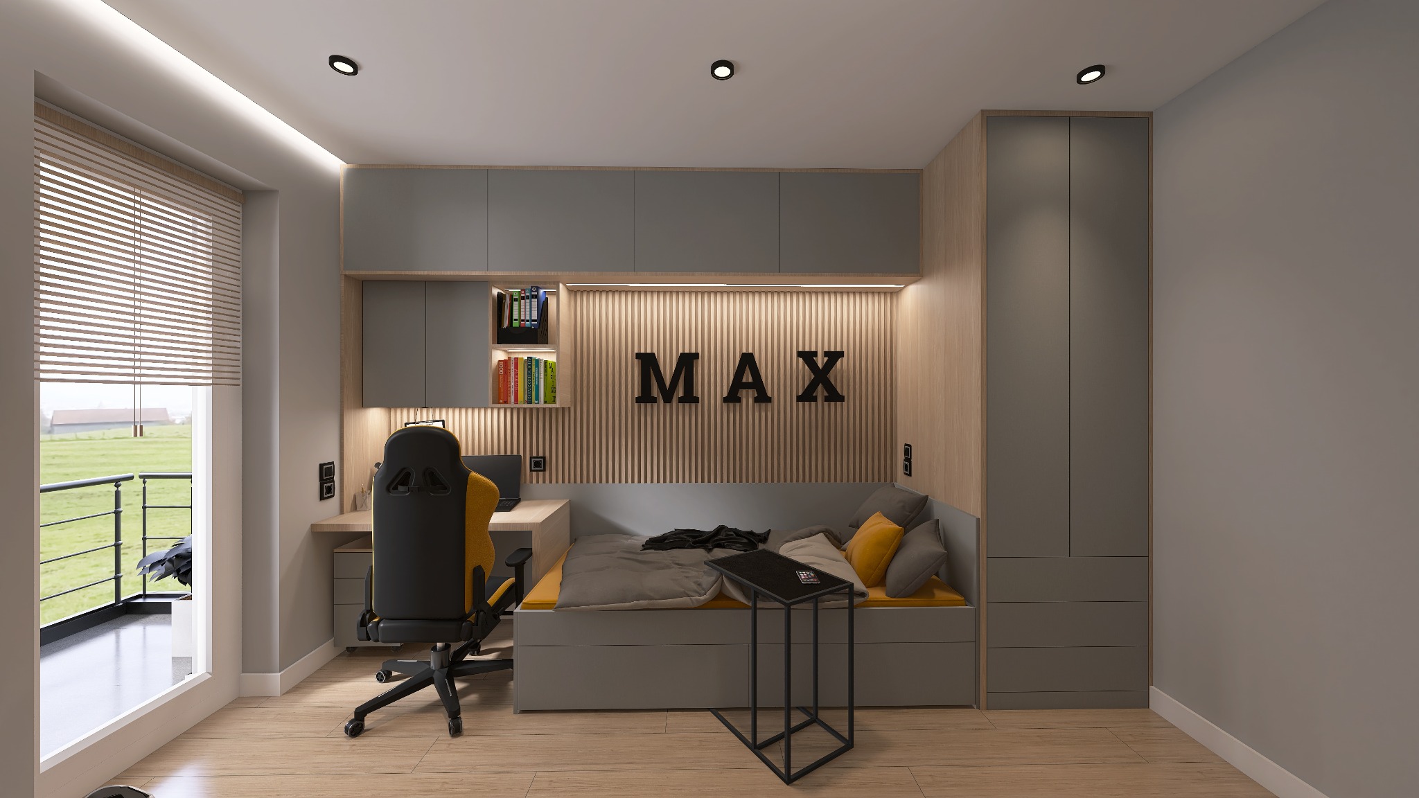 Pokój młodzieżowy z łóżkiem w zabudowie, biurkiem, szafą i napisem 'MAX' na ścianie z lameli.