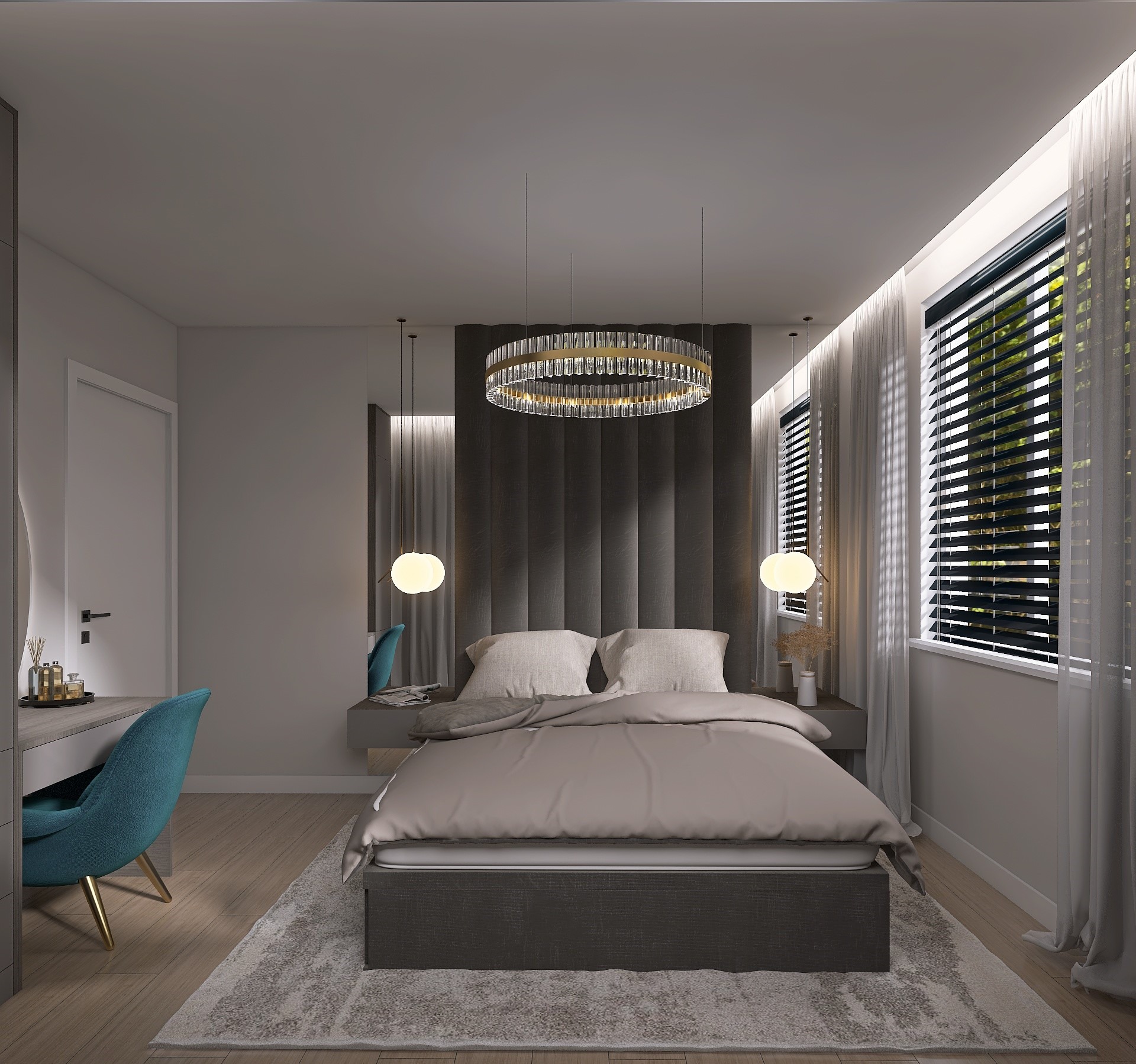 Nowoczesna sypialnia z łóżkiem kontynentalnym, tapicerowanym panelem zagłówka, okrągłym kryształowym żyrandolem i toaletką z turkusowym krzesłem