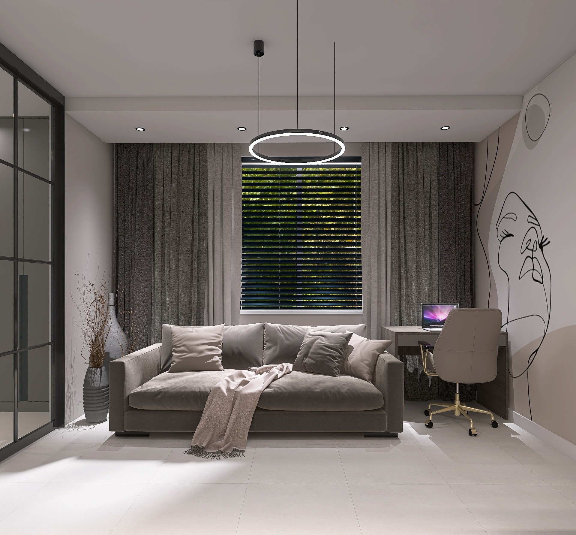 Wizualizacja salonu z szarą sofą, biurkiem z laptopem i minimalistycznym oświetleniem, uzupełniona dekoracyjną grafiką na ścianie.