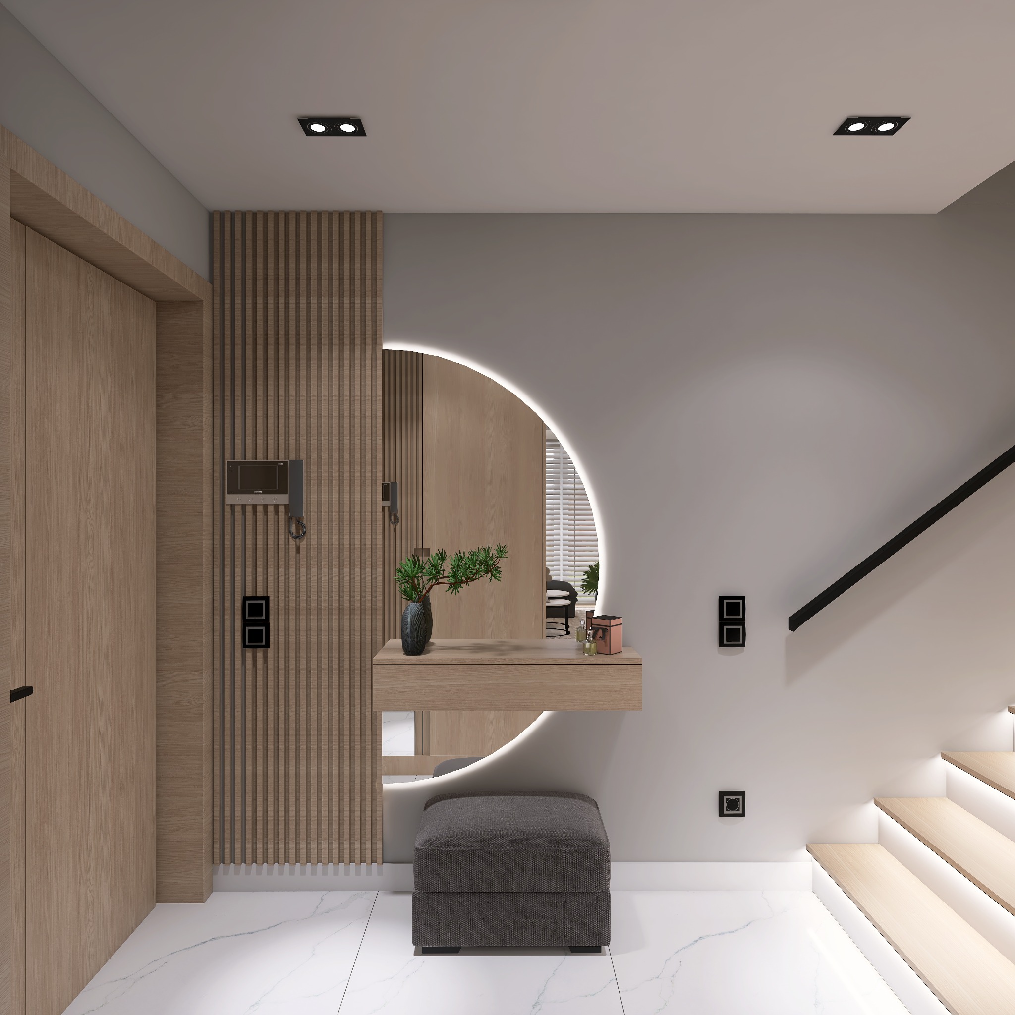 Nowoczesny przedpokój z drewnianymi panelami, okrągłym lustrem z podświetleniem LED, marmurową podłogą i schodami z oświetleniem punktowym.